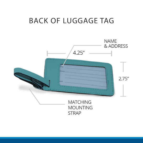Back of Leather Luggage Tag and Dimensions, TEAL