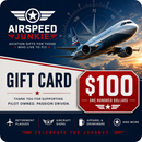 Airspeed Junkie $100 gift card featuring a graphic of a commercial airplane against a sunset sky, with a compass design in the background and a red price badge.