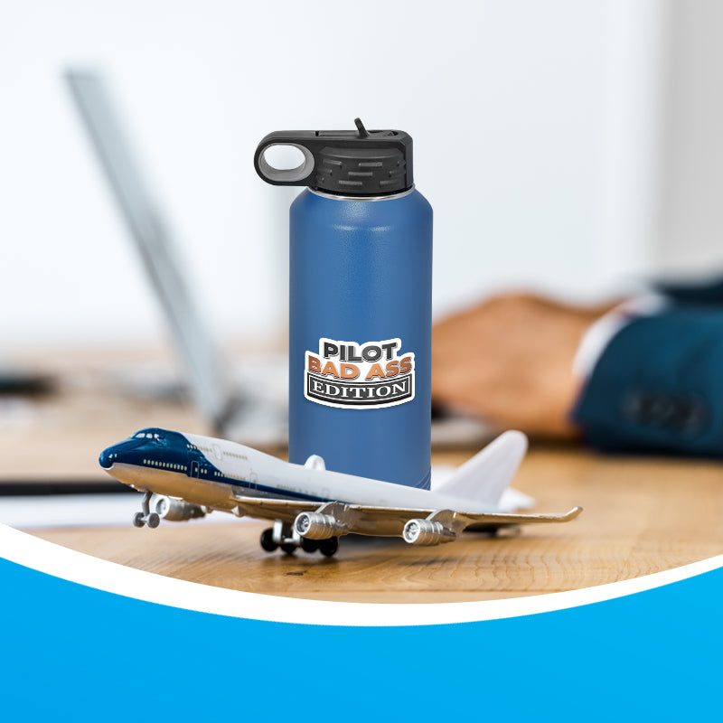Pilot sticker on water bottle with model plane