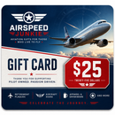 A $25 Airspeed Junkie gift card featuring a commercial airplane flying over clouds, with the Airspeed Junkie logo at the top and a large red price box on the right.