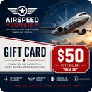A $50 Airspeed Junkie gift card featuring a large airplane over clouds, a compass graphic, and bold text reading 'GIFT CARD' and '$50 FIFTY DOLLARS'.