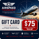 Airspeed Junkie $75 gift card featuring a commercial airplane flying over clouds, with a compass graphic in the background and a red price badge on the right.