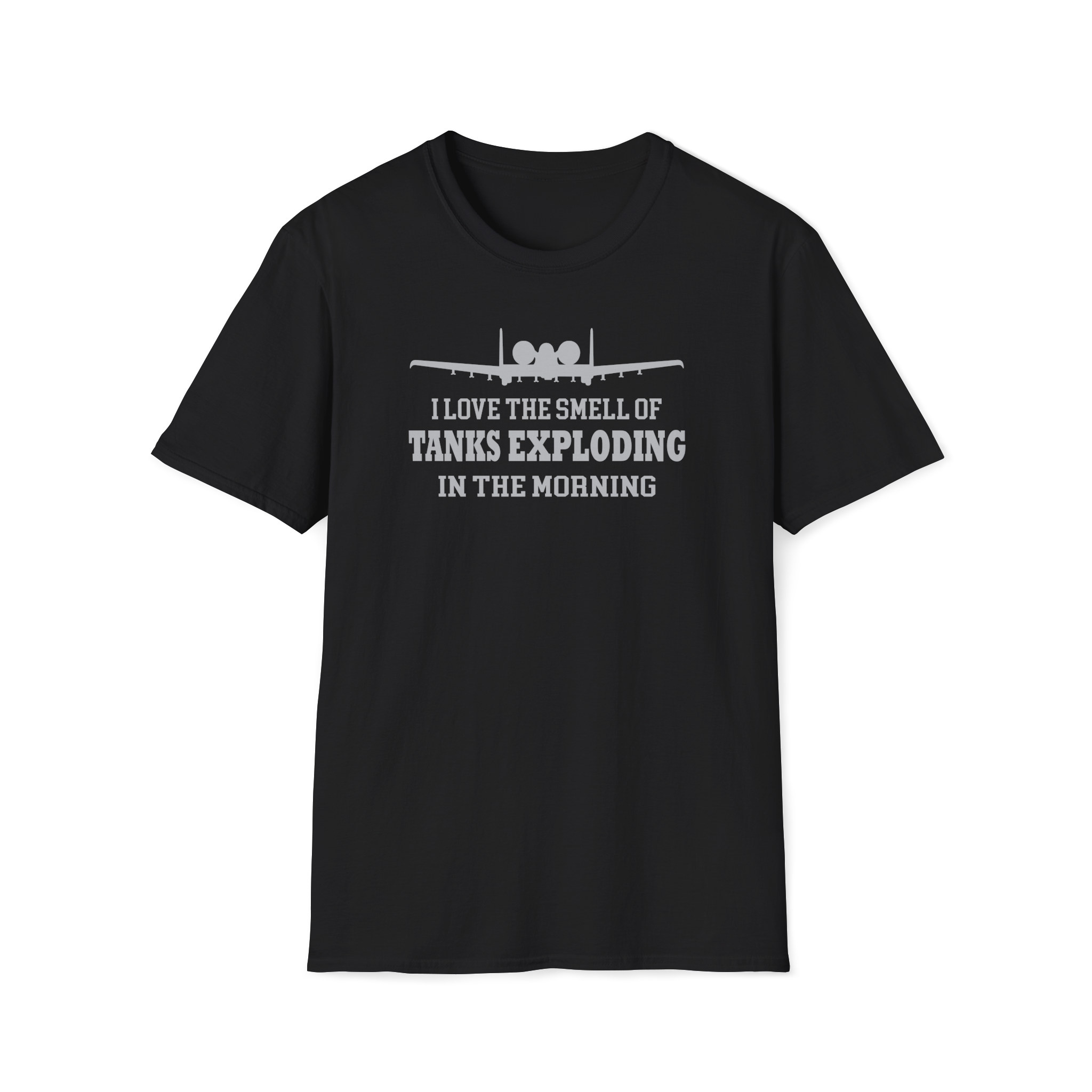Black A-10 t-shirt with white text and graphic on a white background