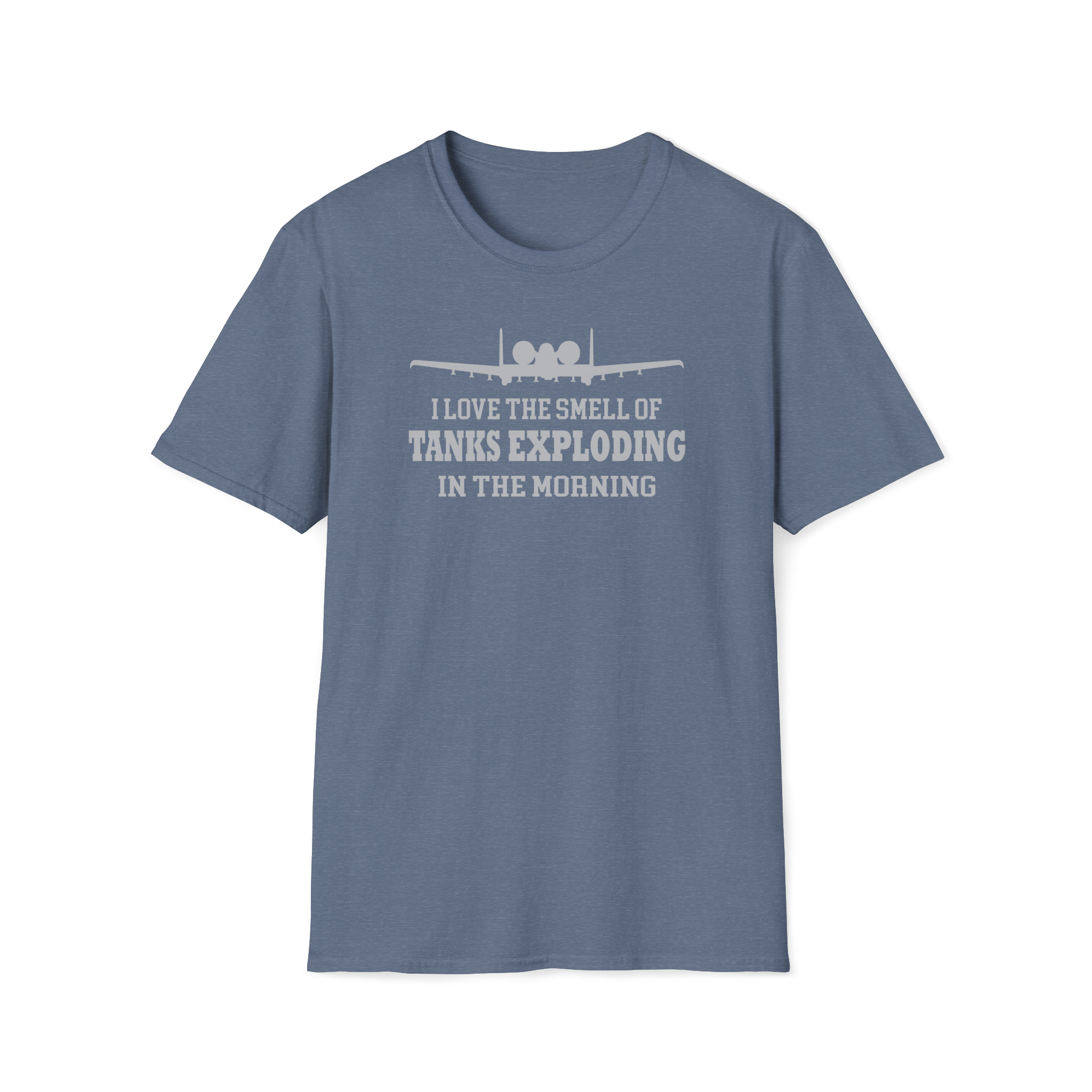 Blue t-shirt with text and airplane graphic on a white background