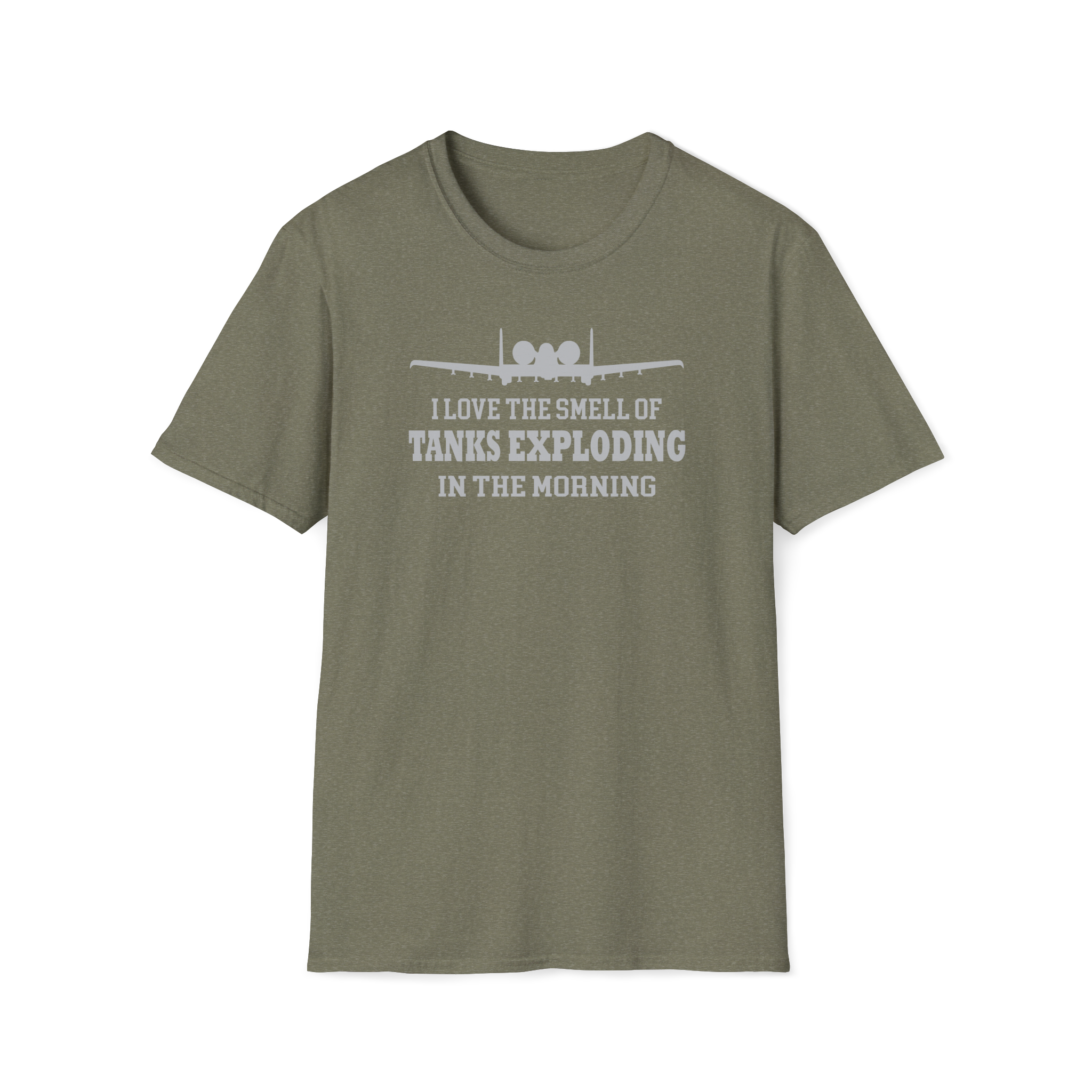 Military green A-10 thunderbolt t-shirt with graphic and text on a white background