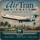 Vintage-style Airtran Airways travel poster featuring a commercial airplane flying over a tropical beach and airport scene, with large 'Airtran Airways' branding and the slogan 'Smarter Way to Fly' at the top.