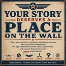 A vintage-style aviation-themed sign with distressed beige background and dark navy text reading 'YOUR STORY DESERVES A PLACE ON THE WALL.' Decorative airplane, star, wings, aircraft, trophy, and globe icons appear along the bottom with labels.