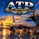 A promotional graphic for an ATP Airline Transport Pilot course, featuring a commercial airplane at an airport gate during sunset, with large 'ATP' lettering and the text 'EARNED NOT GIVEN' at the bottom.