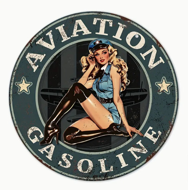 Aviation Gasoline, 8" Round, Vintage Aviation Wall Sign, Pin Up Girl