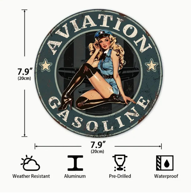 Aviation Gasoline, 8" Round, Vintage Aviation Wall Sign, Pin Up Girl