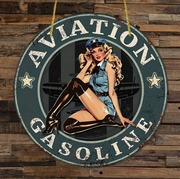 Aviation Gasoline, 8" Round, Vintage Aviation Wall Sign, Pin Up Girl