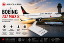 Model of an Air Canada Boeing 737 MAX 8 airplane with promotional text and branding.