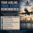 A promotional poster for Airsides Junkie featuring a commercial airplane flying over a city skyline at sunset, with large text reading 'YOUR AIRLINE. YOUR STORY.