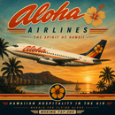 Vintage-style travel poster for Aloha Airlines featuring a Boeing 737-200 airplane flying over a tropical Hawaiian coastline at sunset. Large retro text reads 'Aloha Airlines' with a hibiscus flower, and additional text at the bottom includes 'Hawaiian Hospitality in the Air' and 'Boeing 737-200'.