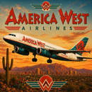 A stylized poster-like scene showing an America West Airlines passenger jet flying over a desert city at sunset, with large America West Airlines lettering and winged logos above and below.