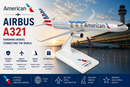 Model of an American Airlines Airbus A321 airplane with promotional text and graphics.