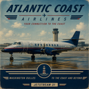 A vintage-style poster or print featuring an Atlantic Coast Airlines jet airplane on an airport tarmac, with large text reading 'ATLANTIC COAST AIRLINES' at the top and 'WASHINGTON DULLES TO THE COAST AND BEYOND' plus 'JETSTREAM 31' at the bottom.