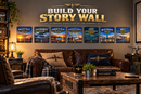 A styled living room wall display featuring the text 'BUILD YOUR STORY WALL' above a row of seven aviation-themed poster prints. The room includes a brown leather sofa, wooden coffee table, pillows with wing logos, and aviation decor.