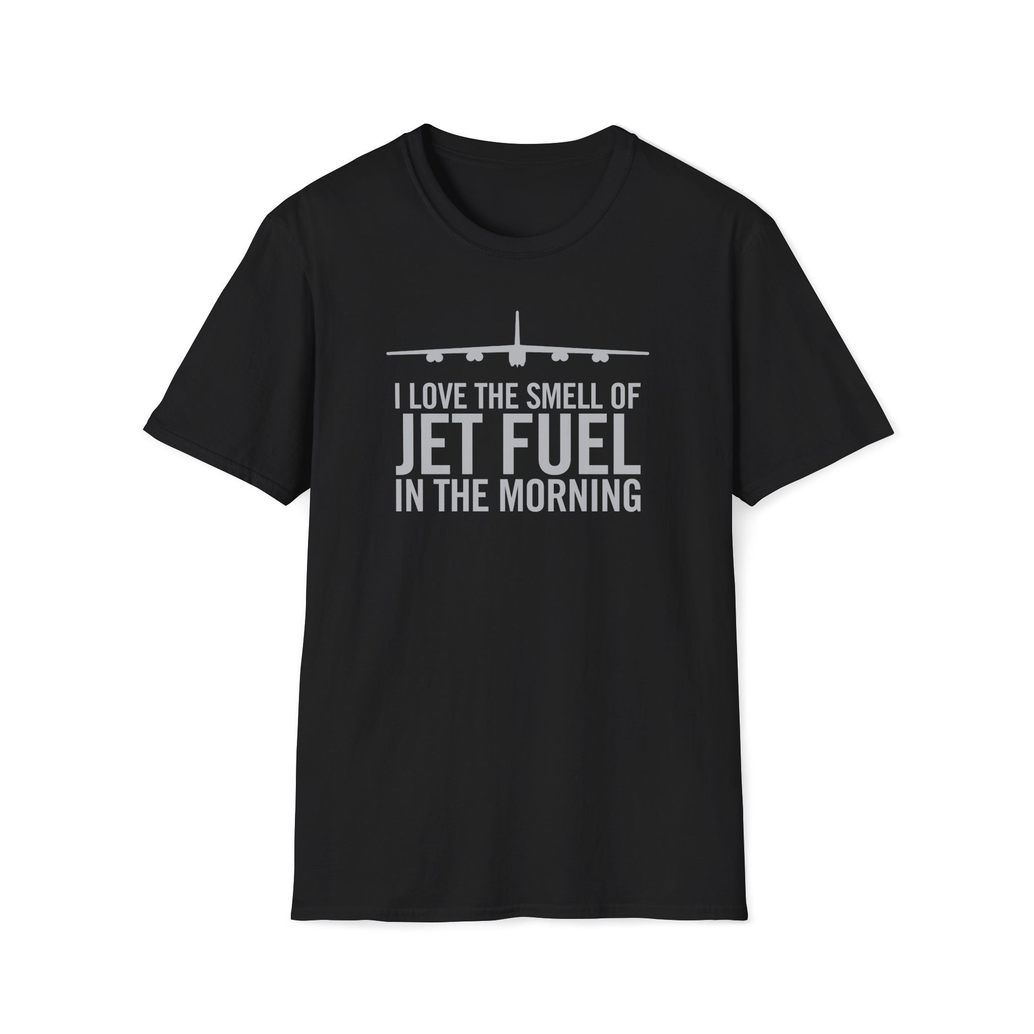 Black B-52 t-shirt with airplane graphic and text on a white background