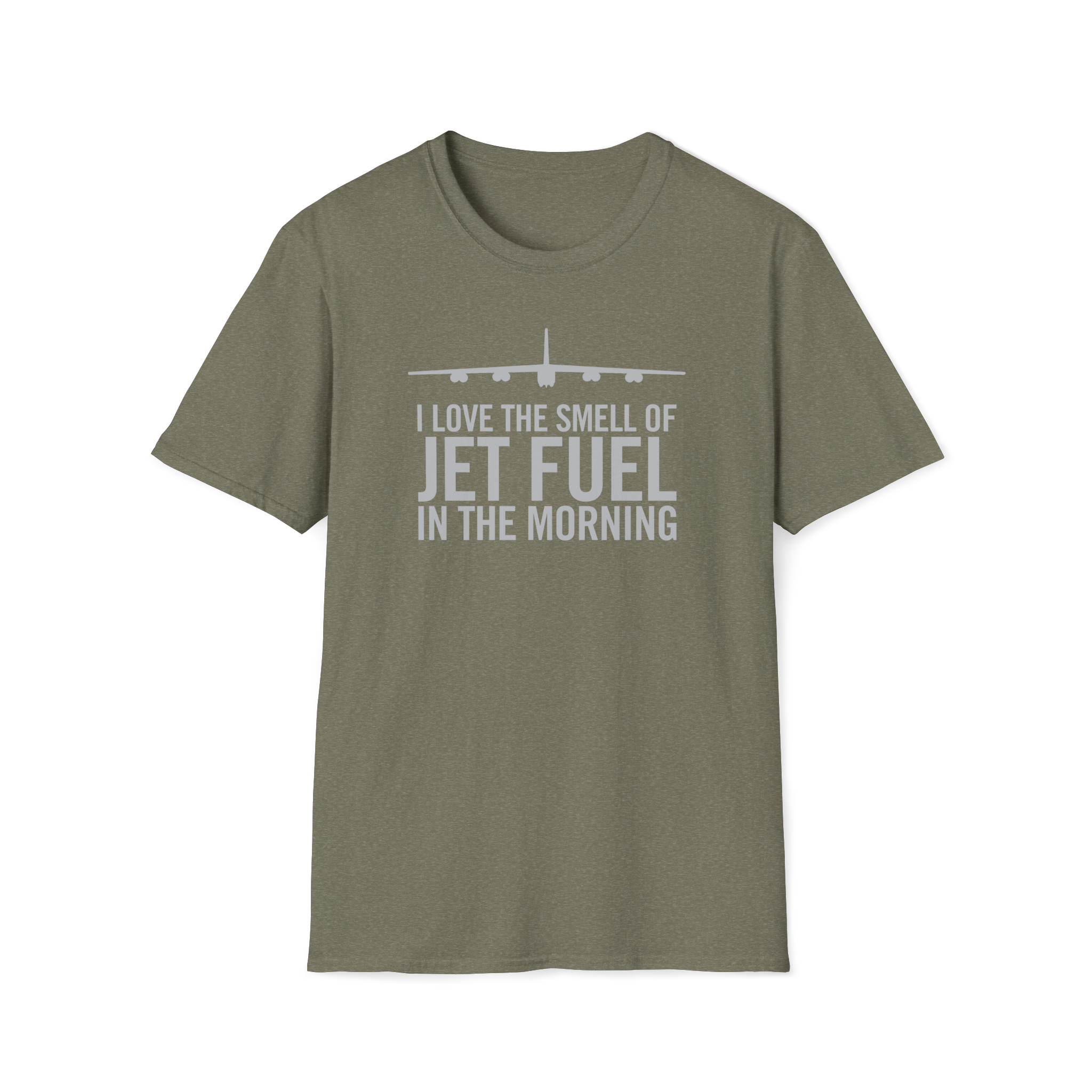 Military Green B-52 bomber t-shirt with airplane graphic and text on a white background