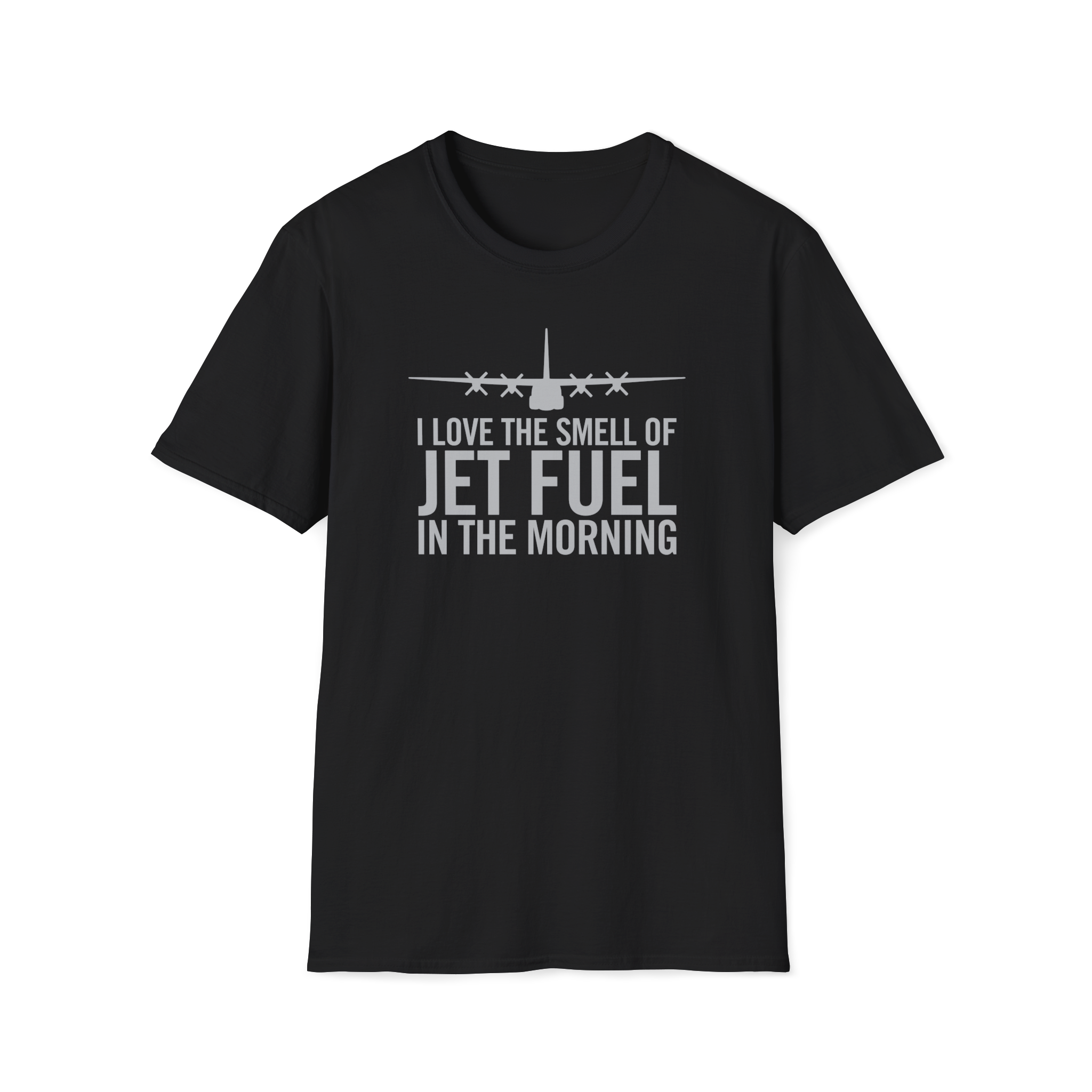 Black C-130 t-shirt with airplane graphic and text on a white background