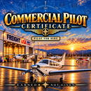 Promotional graphic for a Commercial Pilot Certificate, featuring a small white airplane on a wet runway at sunset, an airport hangar with 'Freight USA' signage, and large text reading 'Commercial Pilot Certificate' and 'Pilot for Hire'.