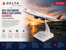 Delta Airlines advertisement with airplane model and sunset airport background
