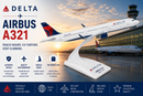 Model of a Delta Airbus A321 airplane with branding and product details on a scenic airport background.