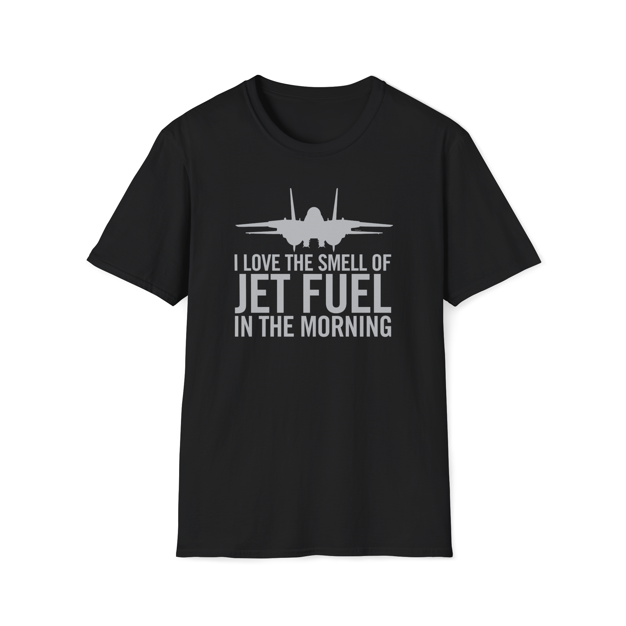 Black F-14 t-shirt with airplane graphic and text on a white background