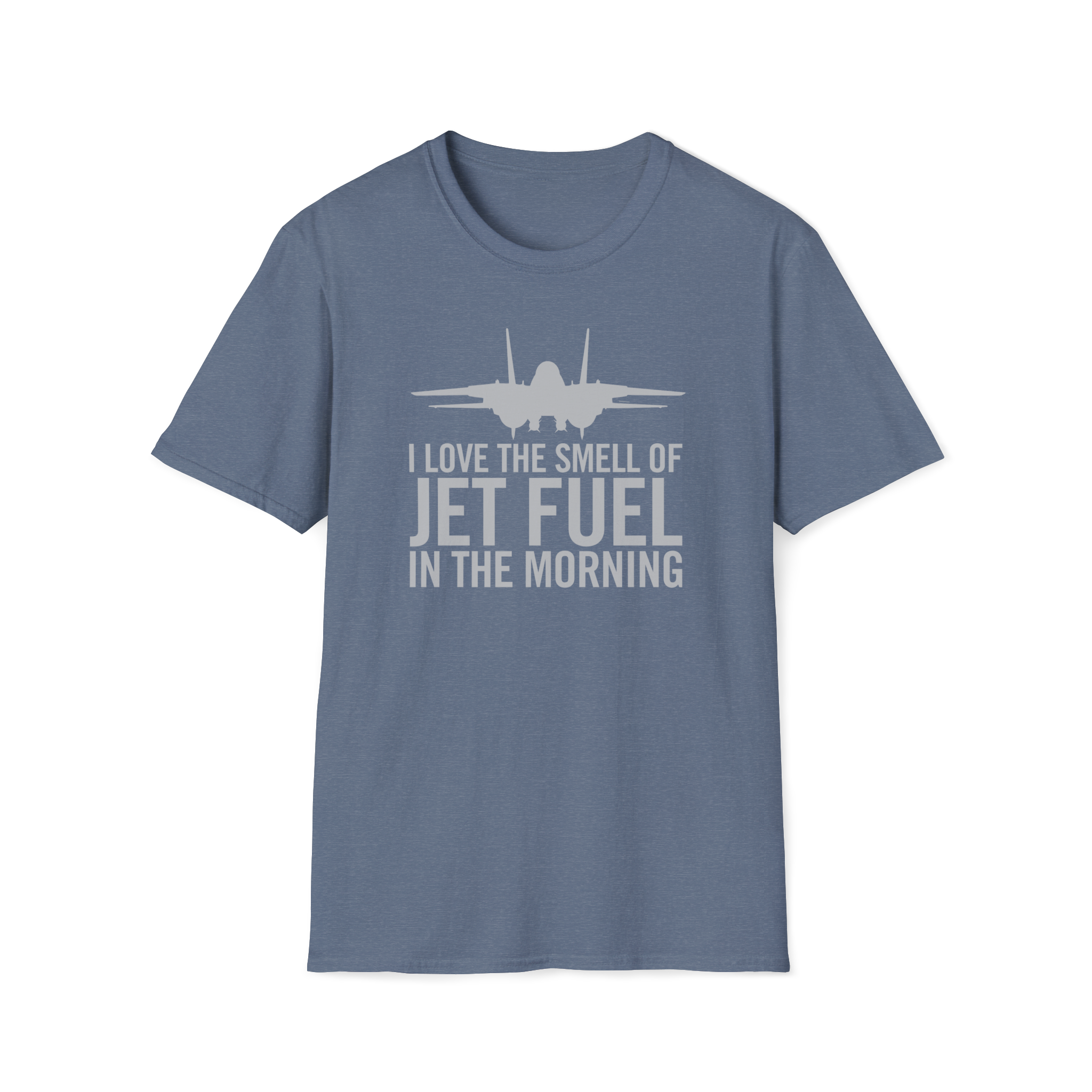 Blue F-14 t-shirt with a graphic of a fighter jet and text on a white background