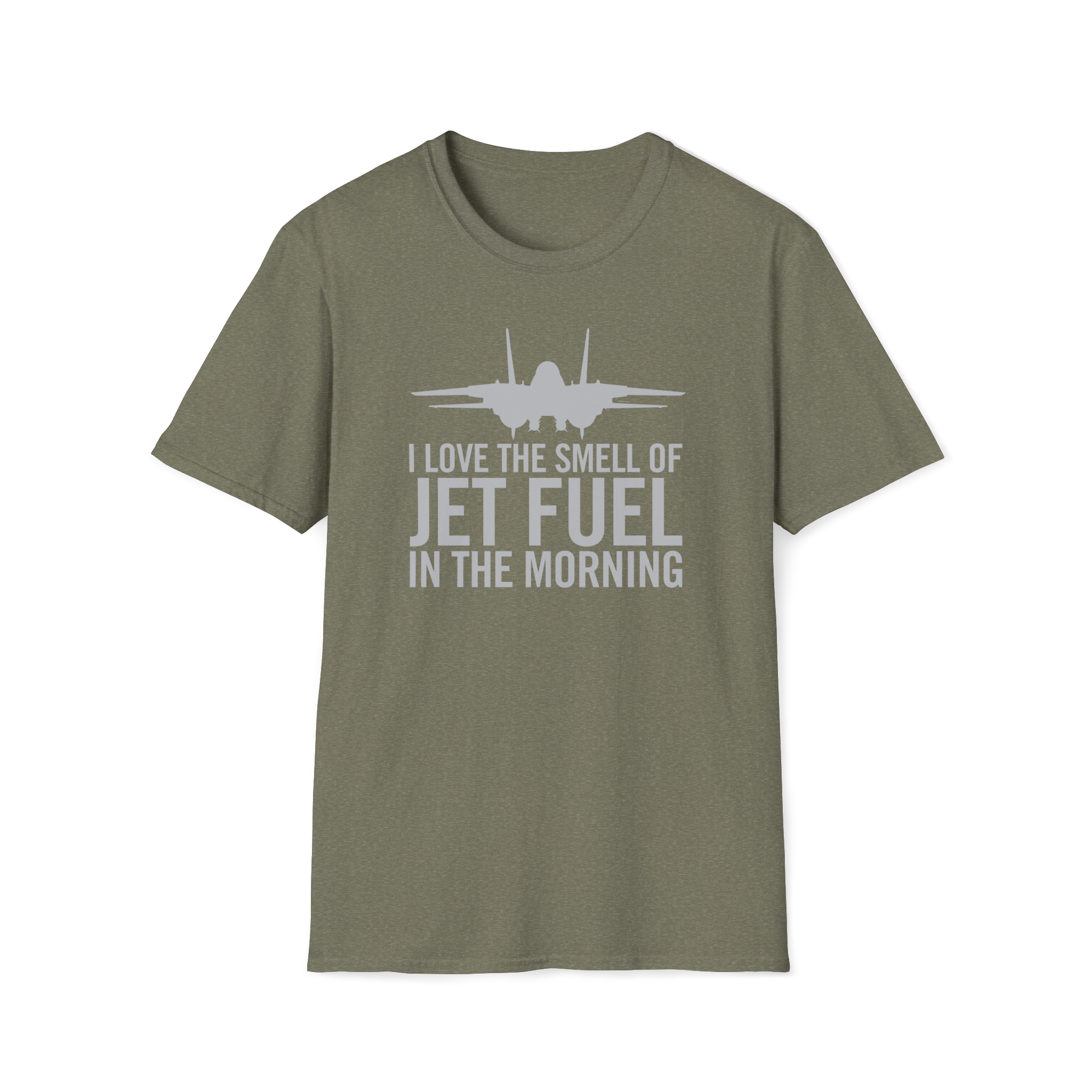 Military green F-14 t-shirt with airplane graphic and text on a white background