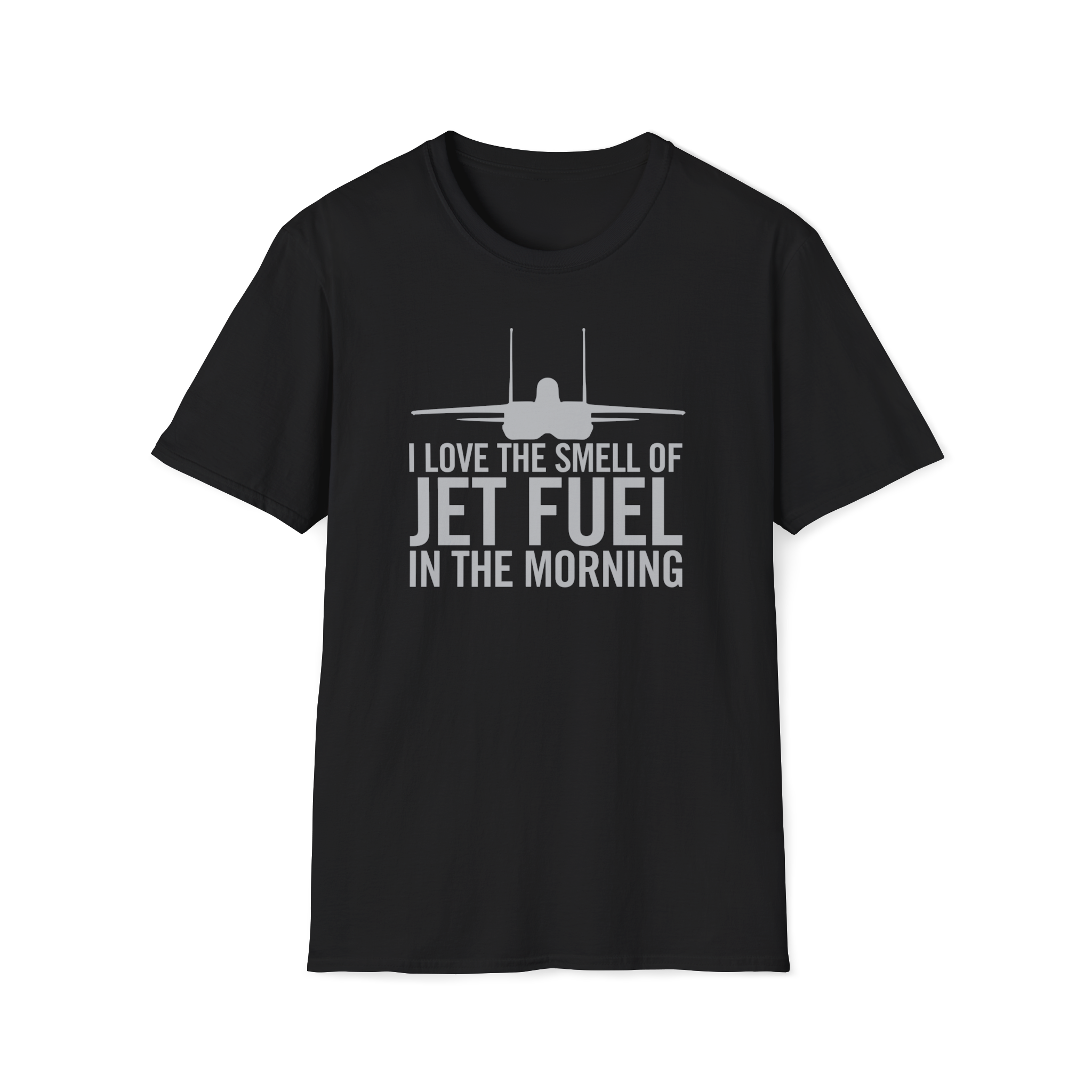 Black F-15 t-shirt with airplane graphic and text on a white background