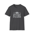 Dark gray t-shirt with white text and airplane graphic on a white background