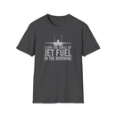 Dark gray t-shirt with white text and airplane graphic on a white background
