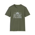 Green t-shirt with airplane graphic and text on a white background