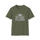 Green t-shirt with airplane graphic and text on a white background