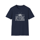Navy blue t-shirt with airplane graphic and text on a white background