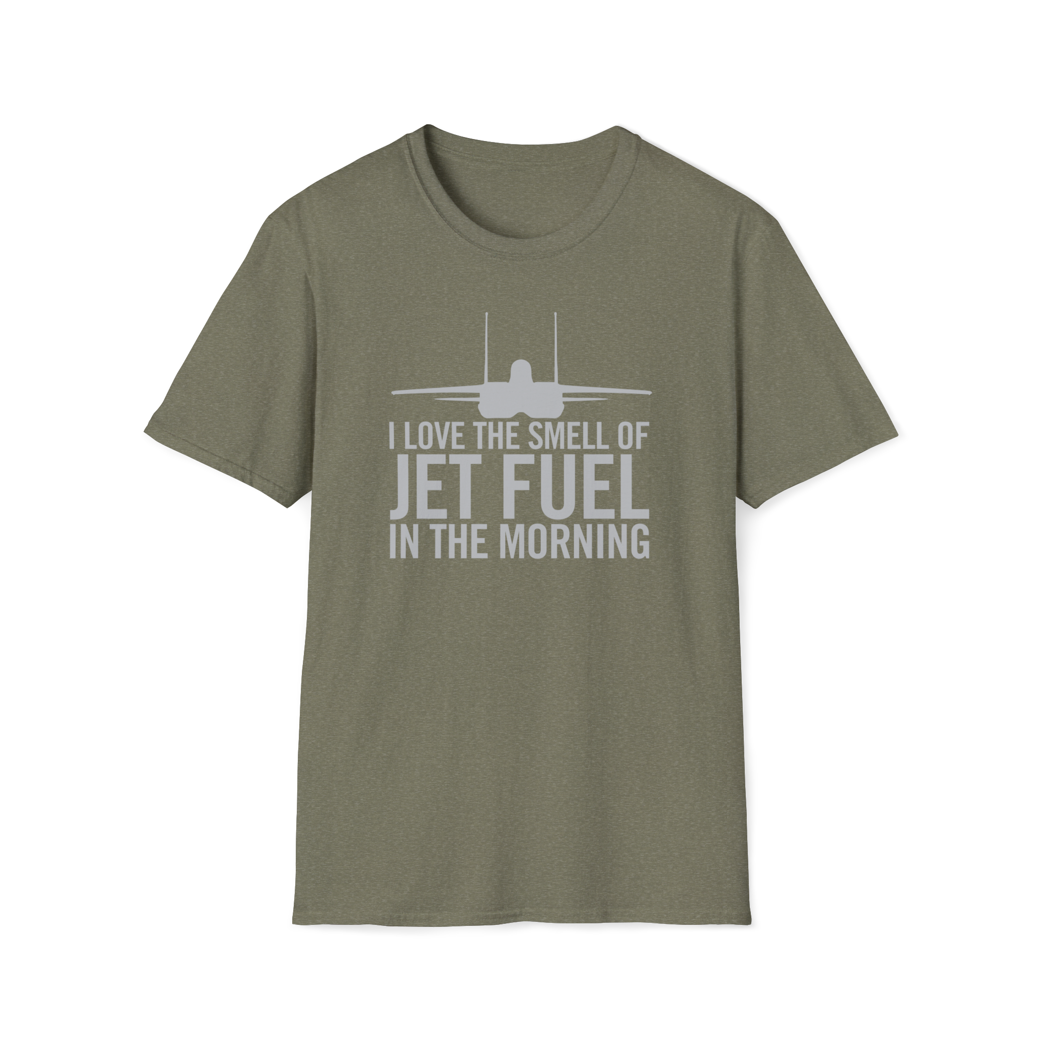 Military Green F-15 Eagle t-shirt with airplane graphic and text on a white background