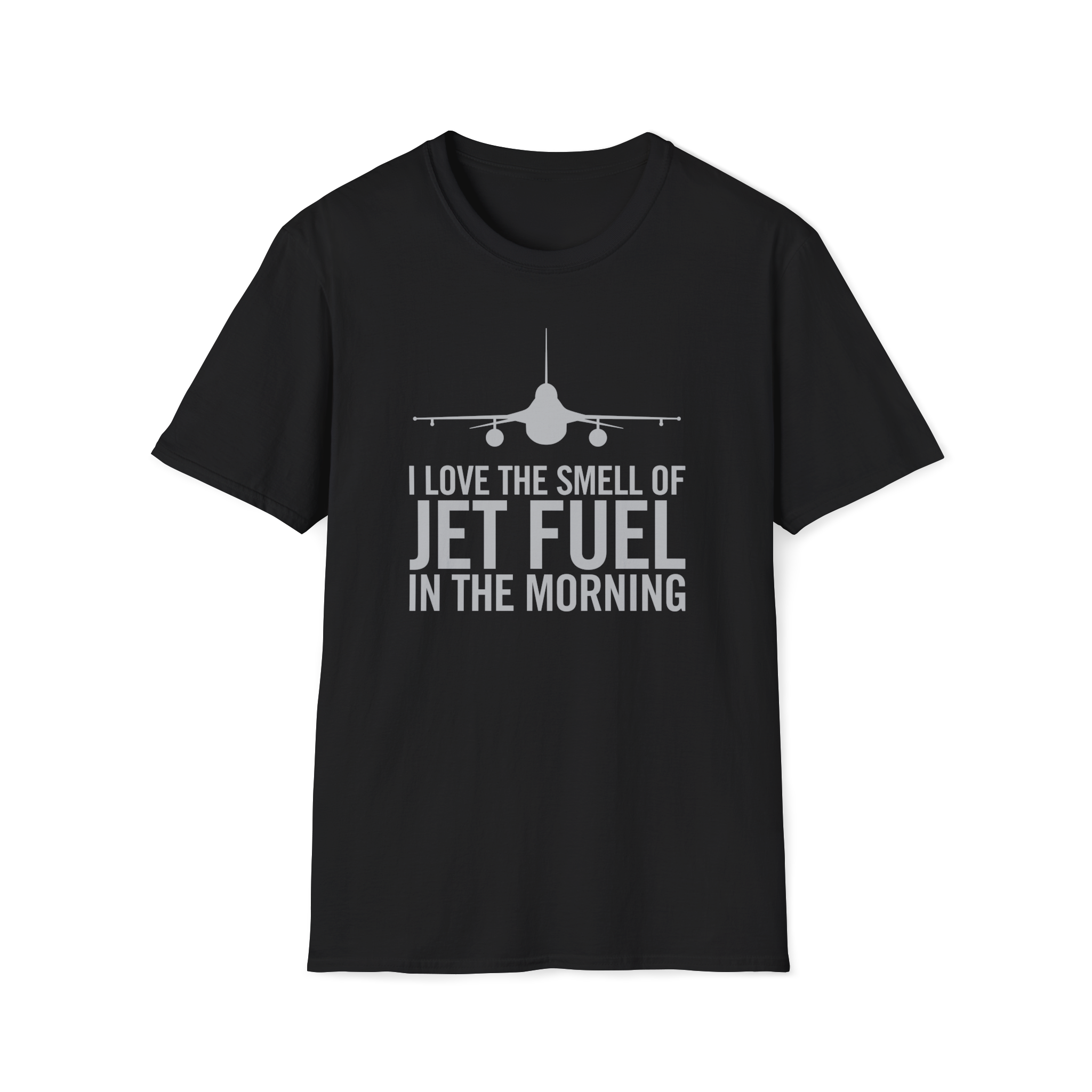 Black F-16  t-shirt with airplane graphic and text on a white background
