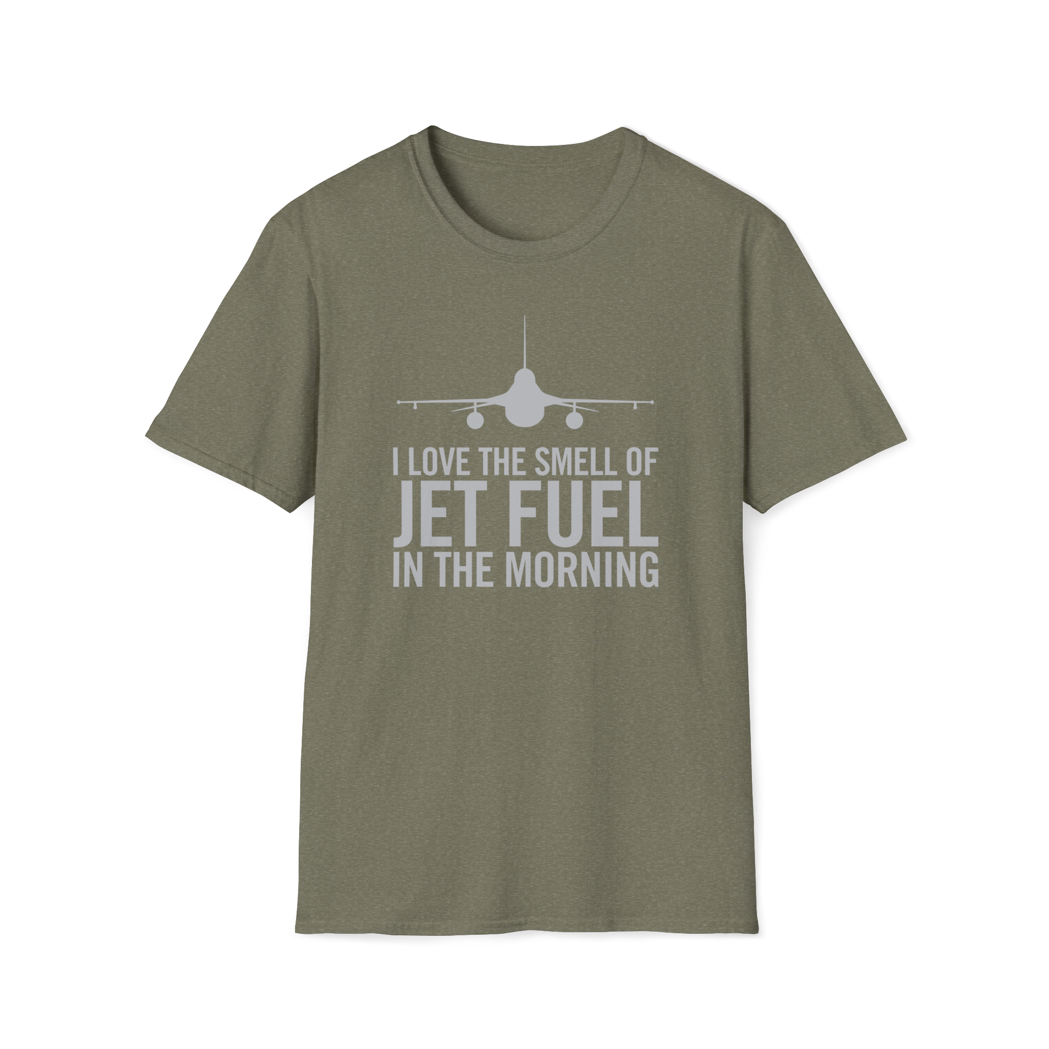 Green F-16 falcon t-shirt with airplane graphic and text on a white background