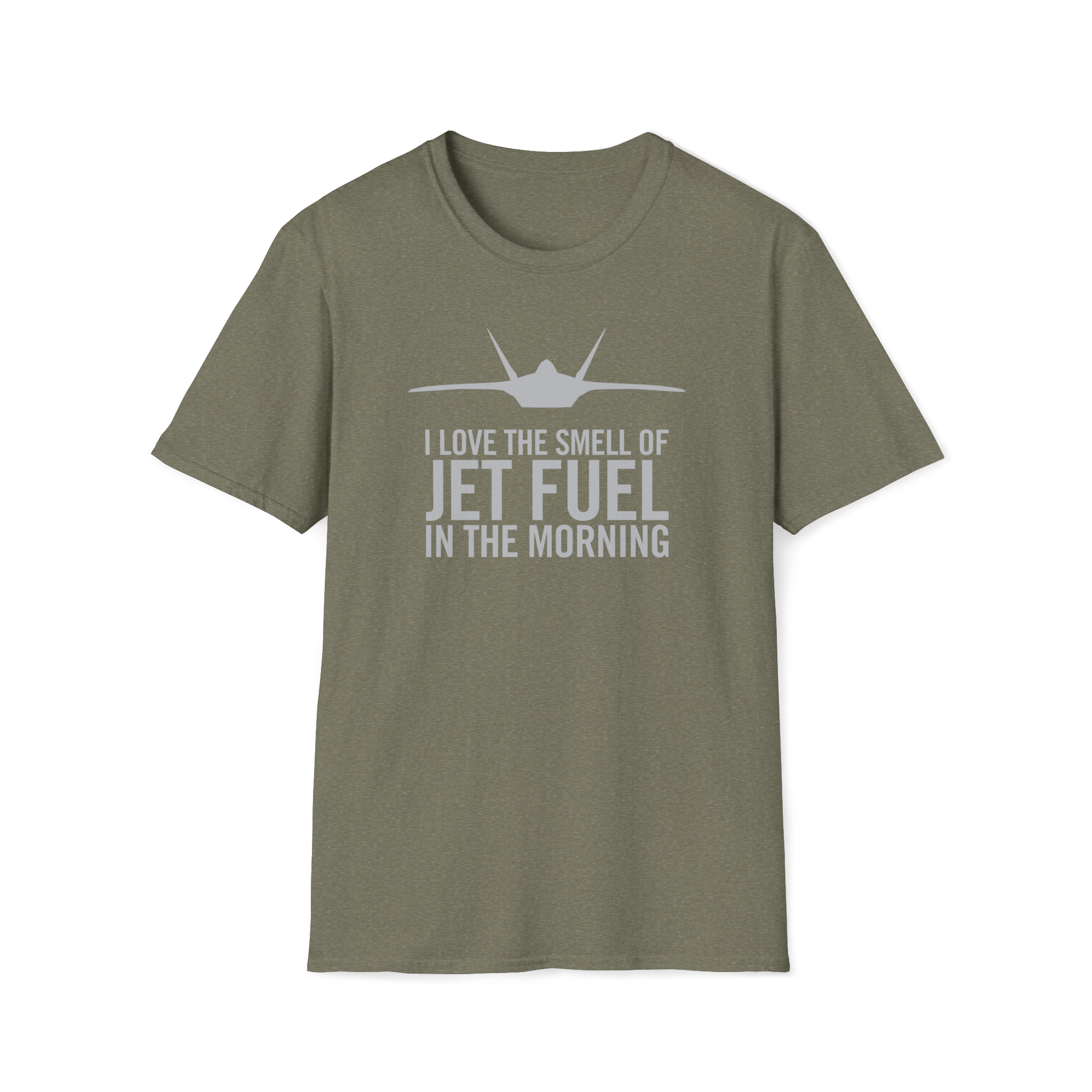 Military green F-22 Raptor t-shirt with airplane graphic and text on a white background