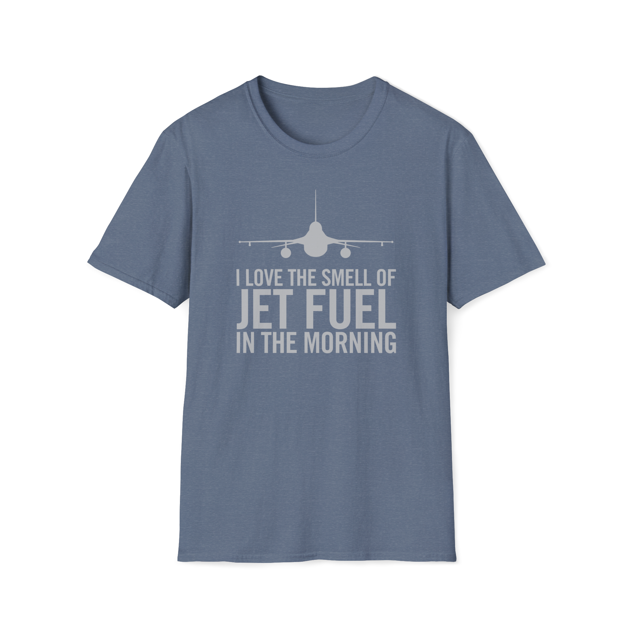 Blue F-16 t-shirt with airplane graphic and text on a white background