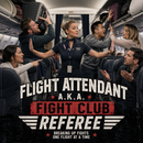 Flight attendant in a chaotic airplane scene with text overlay
