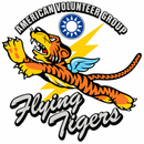 A stylized graphic logo featuring a roaring tiger with blue wings over a yellow lightning bolt, with the text 'AMERICAN VOLUNTEER GROUP' above and 'Flying Tigers' below on a white background.