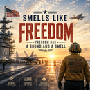 Person in military uniform on an aircraft carrier with text 'Smells Like Freedom' and American flag.