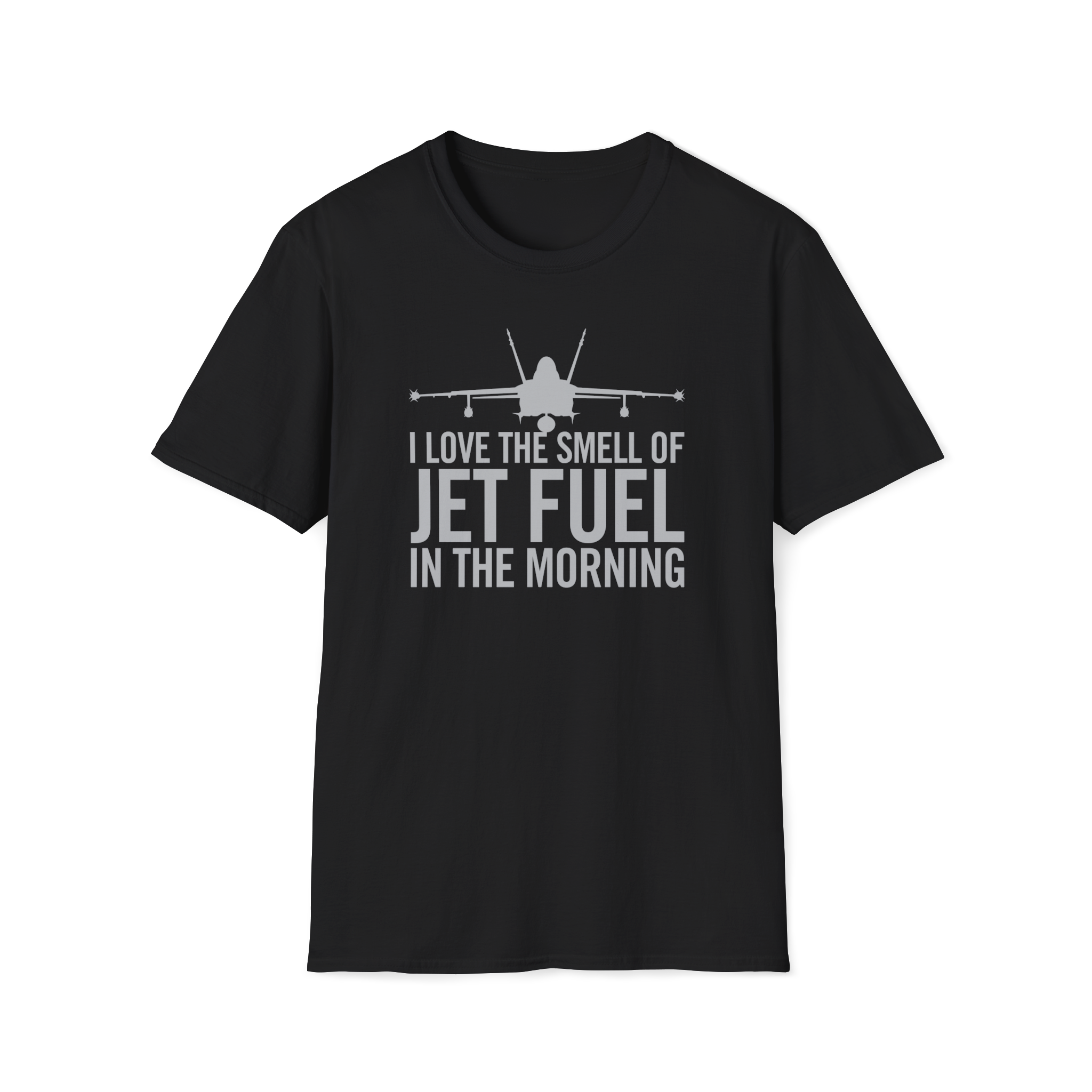 Black t-shirt with F-18 graphic and text on a white background
