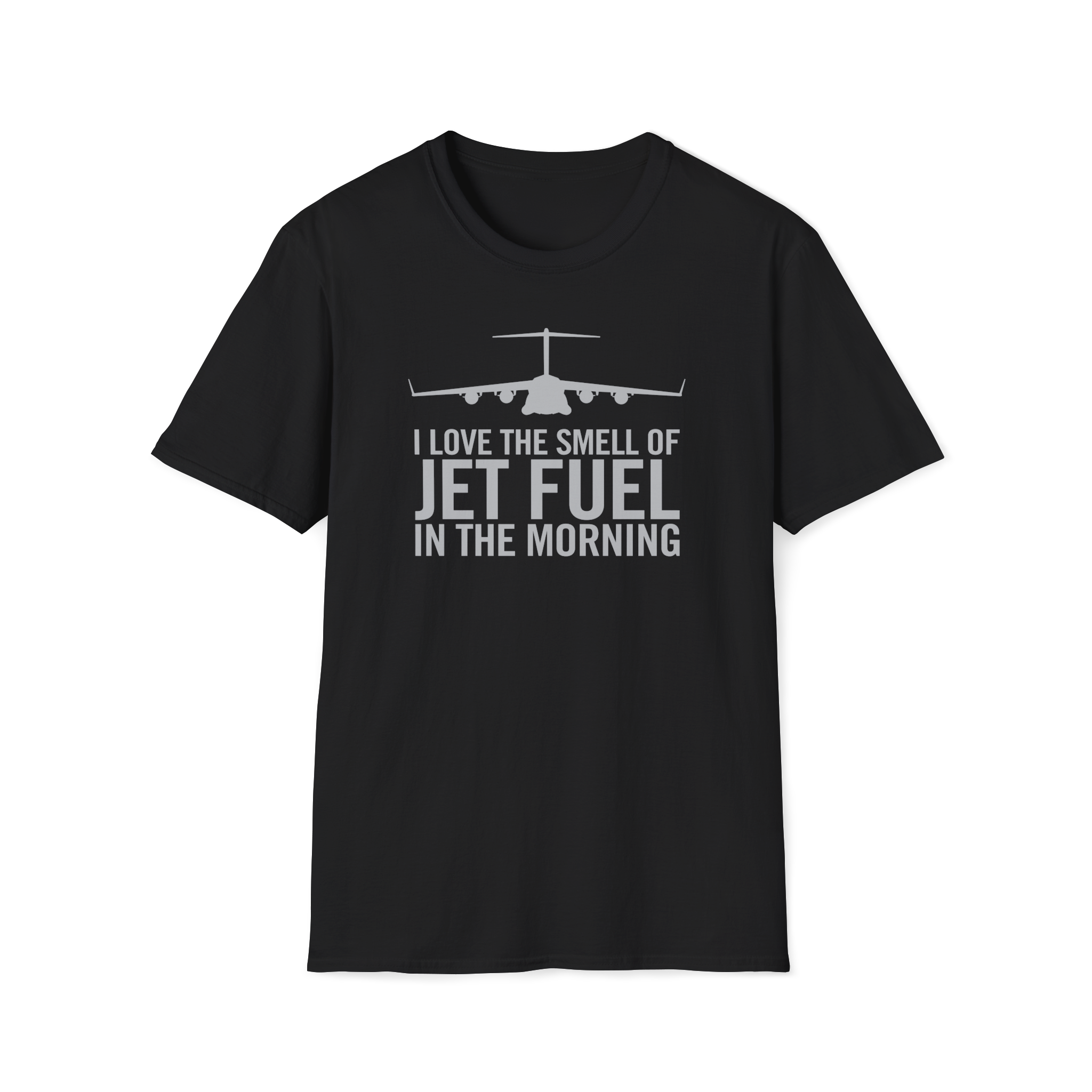 Black C-17 t-shirt with airplane graphic and text on a white background