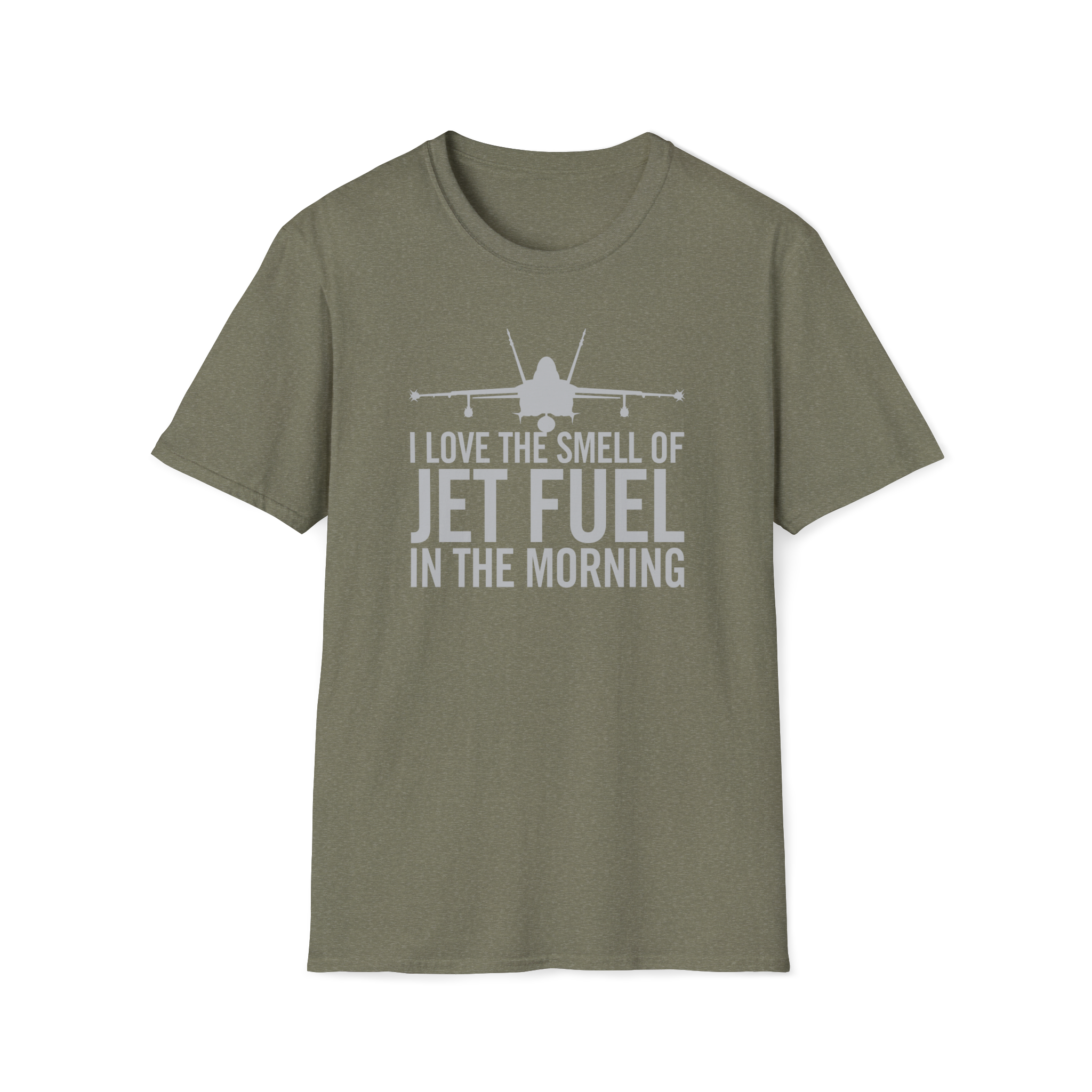 "Heather Military Green Jet Fuel Aviation T-Shirt - F-18 Fighter Jet Design"