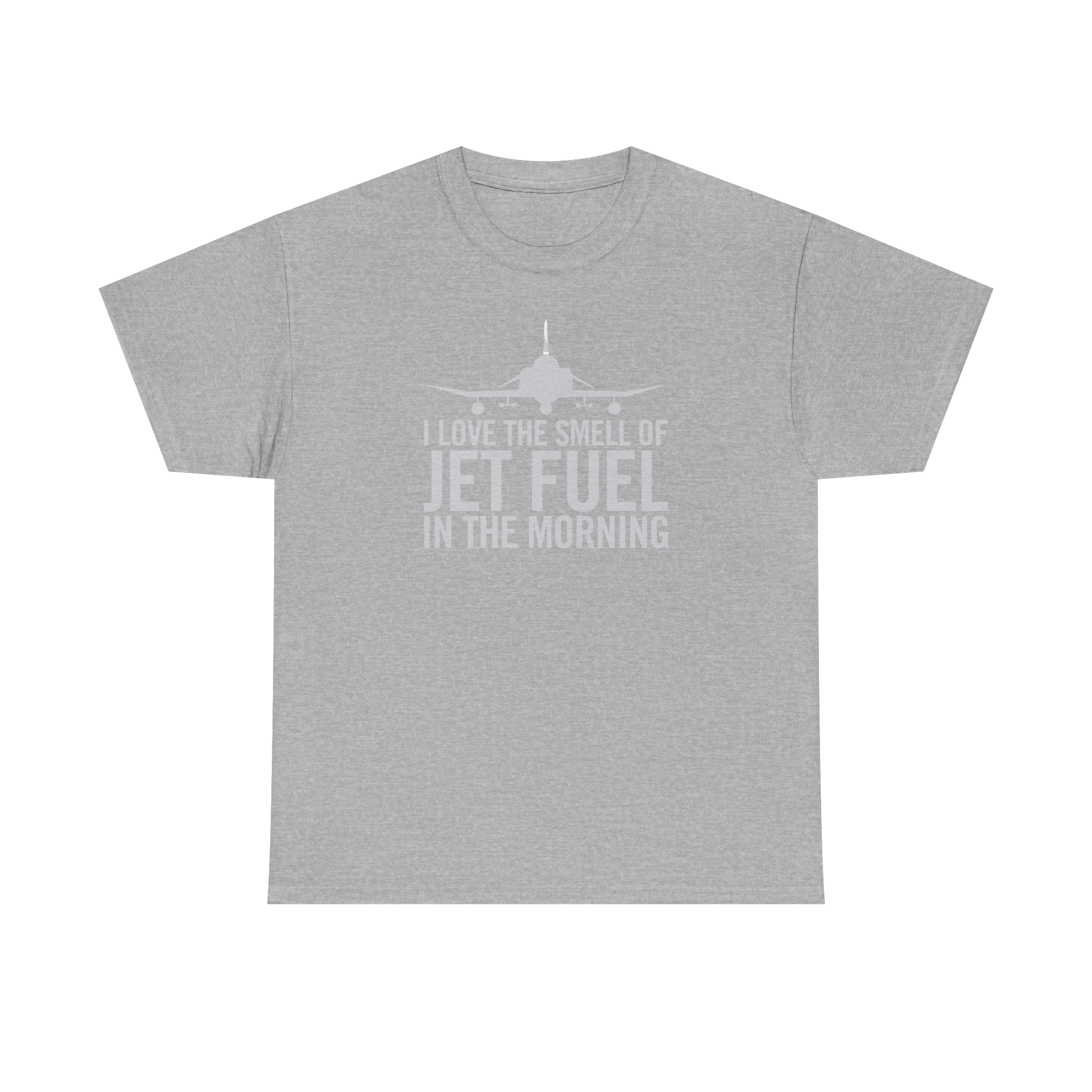 Gray F-4 t-shirt with text 'I love the smell of jet fuel in the morning' on a white background