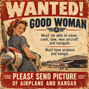 Wanted Good Woman 12 x 12 acrylic aviation sign with retro woman pilot and light airplane